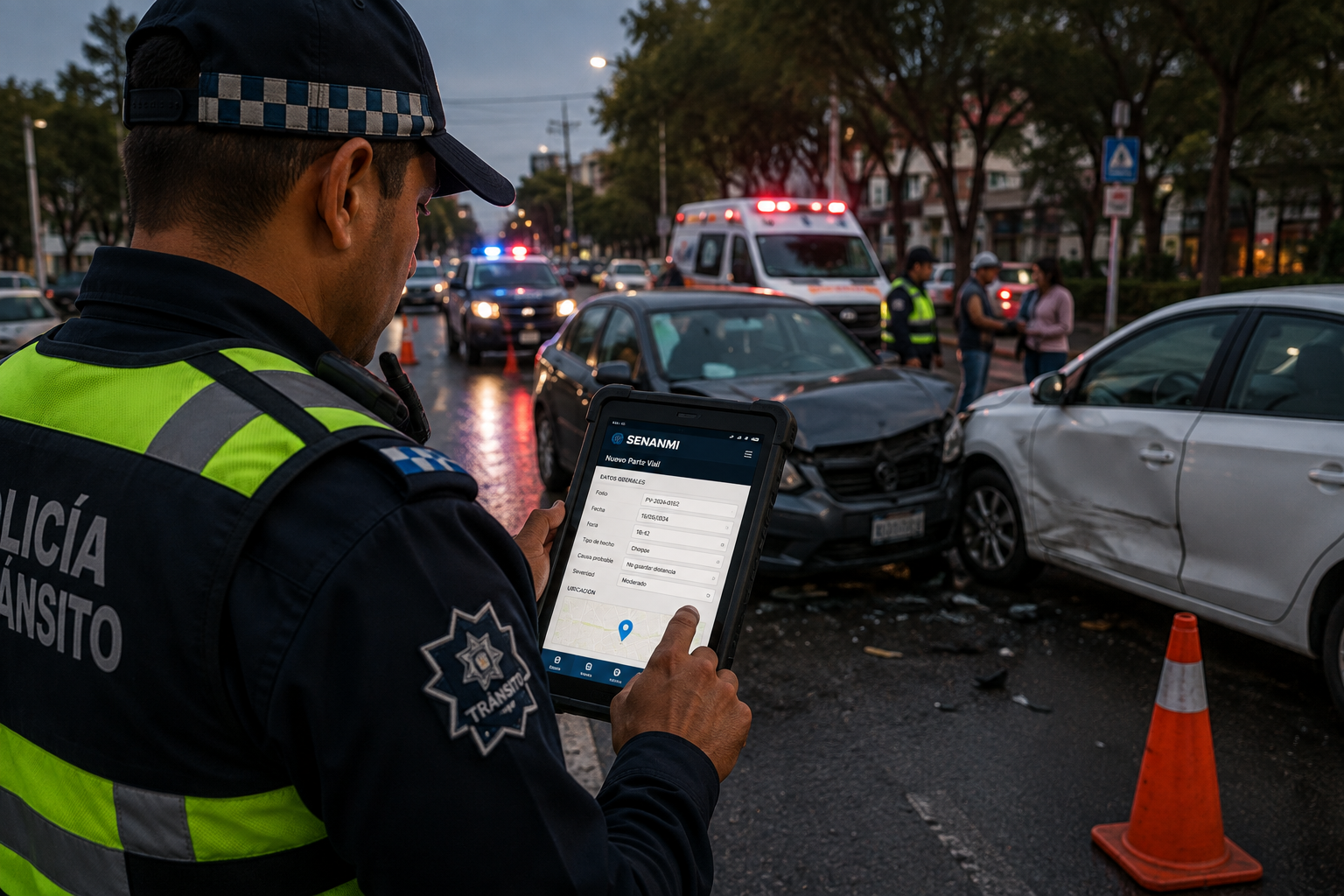 Oficial capturando el parte vial desde el lugar del incidente